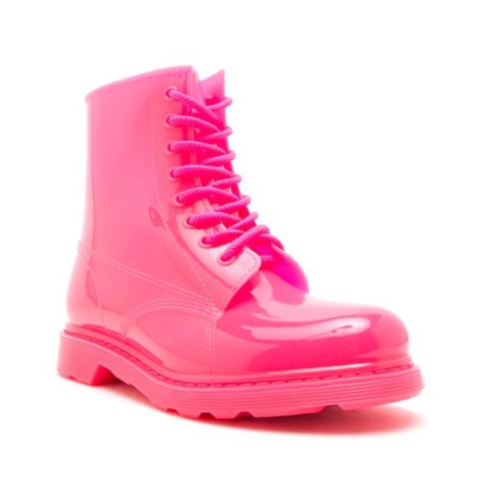 Neon Fuchsia Lace Up Combat Style Rain Boots - Picture 3 of 6
